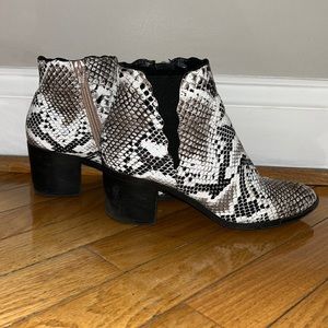 Textured print, patent leather booties